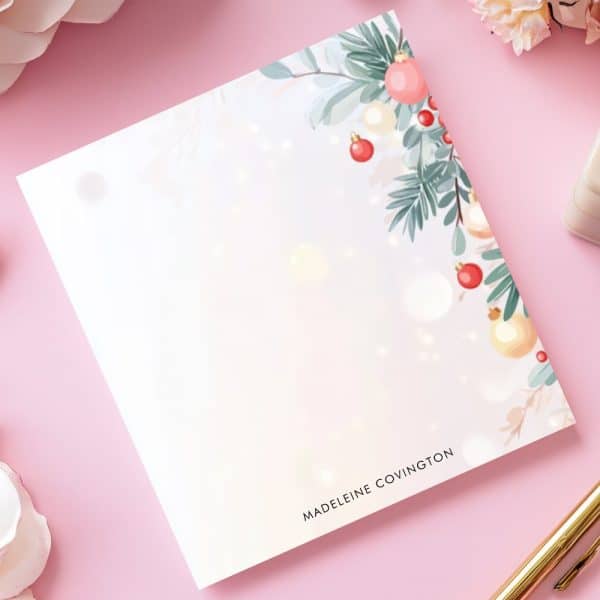 White Notepad With A Christmas Design In The Corner And A Name At The Bottom.
