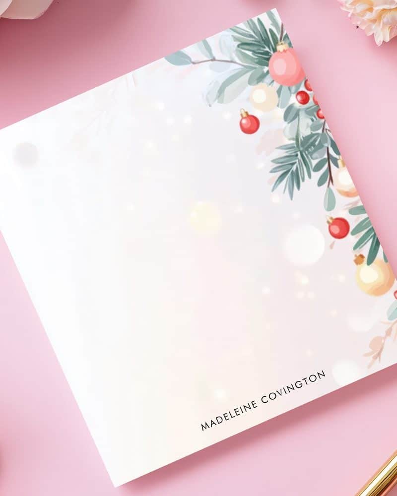 White notepad with a Christmas design in the corner and a name at the bottom.