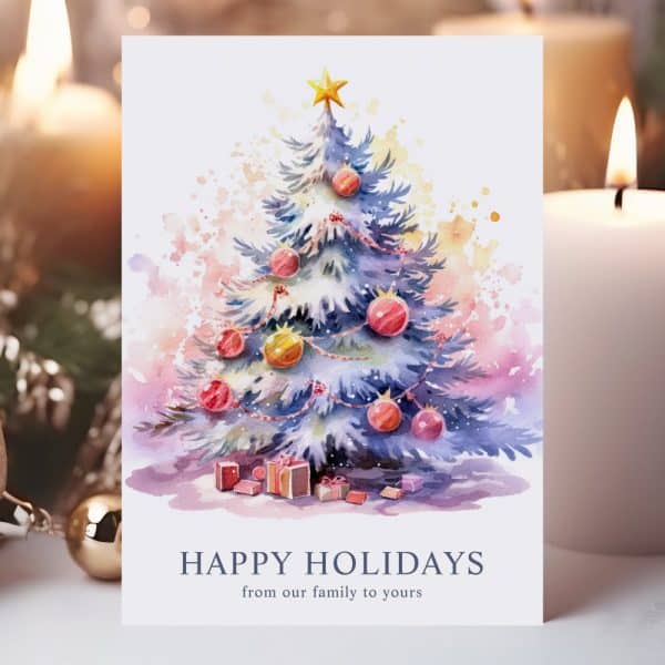 Watercolor Painting Of A Decorated Christmas Tree With Presents Underneath. Happy Holidays Greeting.