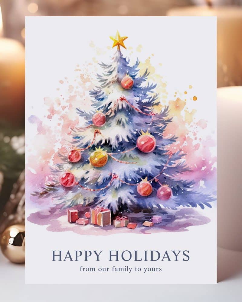 Watercolor painting of a decorated Christmas tree with presents underneath. Happy Holidays greeting.