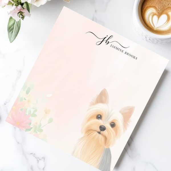 Pink Notepad Featuring A Yorkshire Terrier Portrait And Jasmine Brooks Logo.