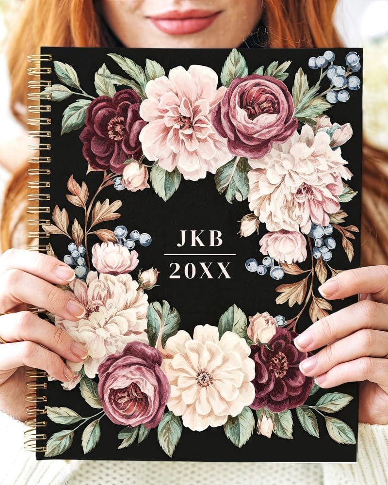 Elegant Dark Floral Wreath Custom Monogram Planner