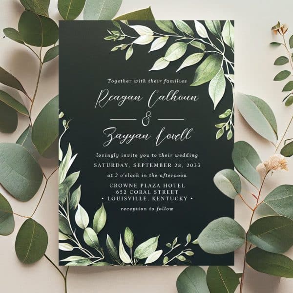 Wedding Invitation With Dark Green Background, Green Foliage Border, And White Lettering Announcing Reagan Calhoun And Zayyan Lovell'S Wedding.