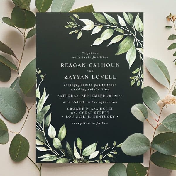Dark Green Wedding Invitation With Leafy Design, Announcing The Marriage Of Reagan Calhoun And Zayyan Lovell.