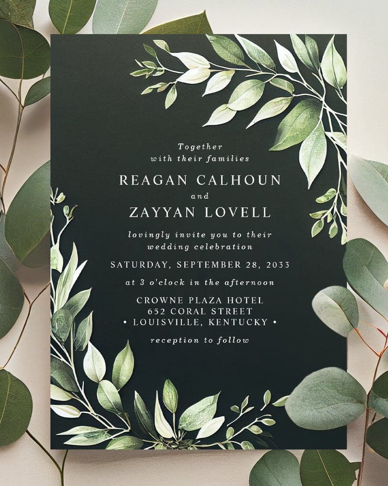 Dark green wedding invitation with leafy design, announcing the marriage of Reagan Calhoun and Zayyan Lovell.