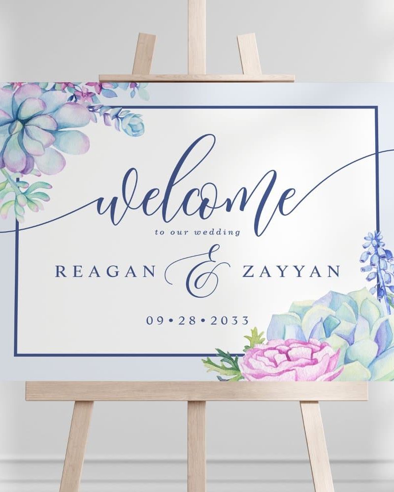 Wedding welcome sign with watercolor succulents and the names Reagan and Zayyan, and the date September 28, 2033.