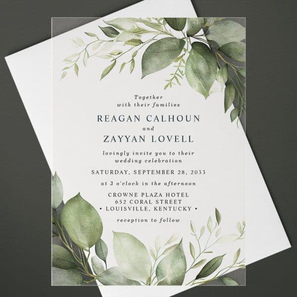 Wedding Invitation For Reagan Calhoun And Zayyan Lovell, Featuring Watercolor Greenery.