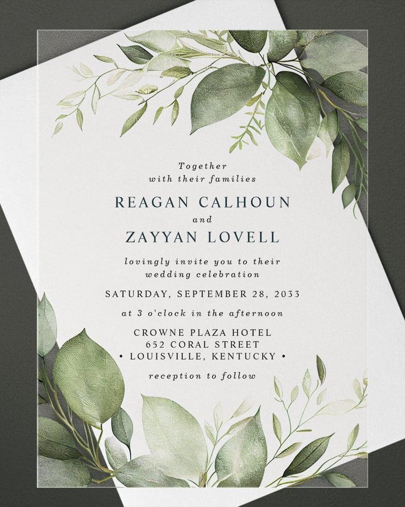 Wedding invitation for Reagan Calhoun and Zayyan Lovell, featuring watercolor greenery.