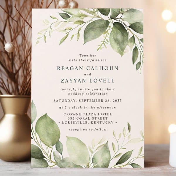 Wedding Invitation With Watercolor Greenery Border, Announcing The Marriage Of Reagan Calhoun And Zayyan Lovell.