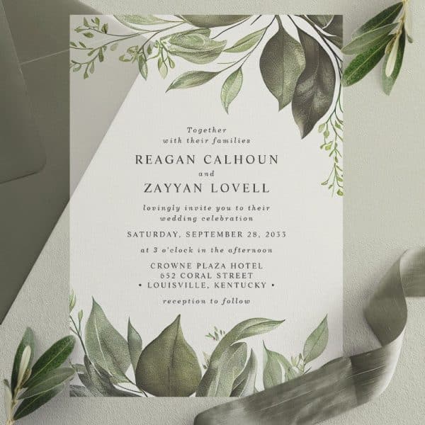 Wedding Invitation For Reagan Calhoun And Zayyan Lovell, Featuring A Leafy Botanical Design.