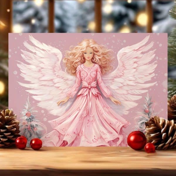 Pink Angel With Large White Wings Wearing A Pink Dress.