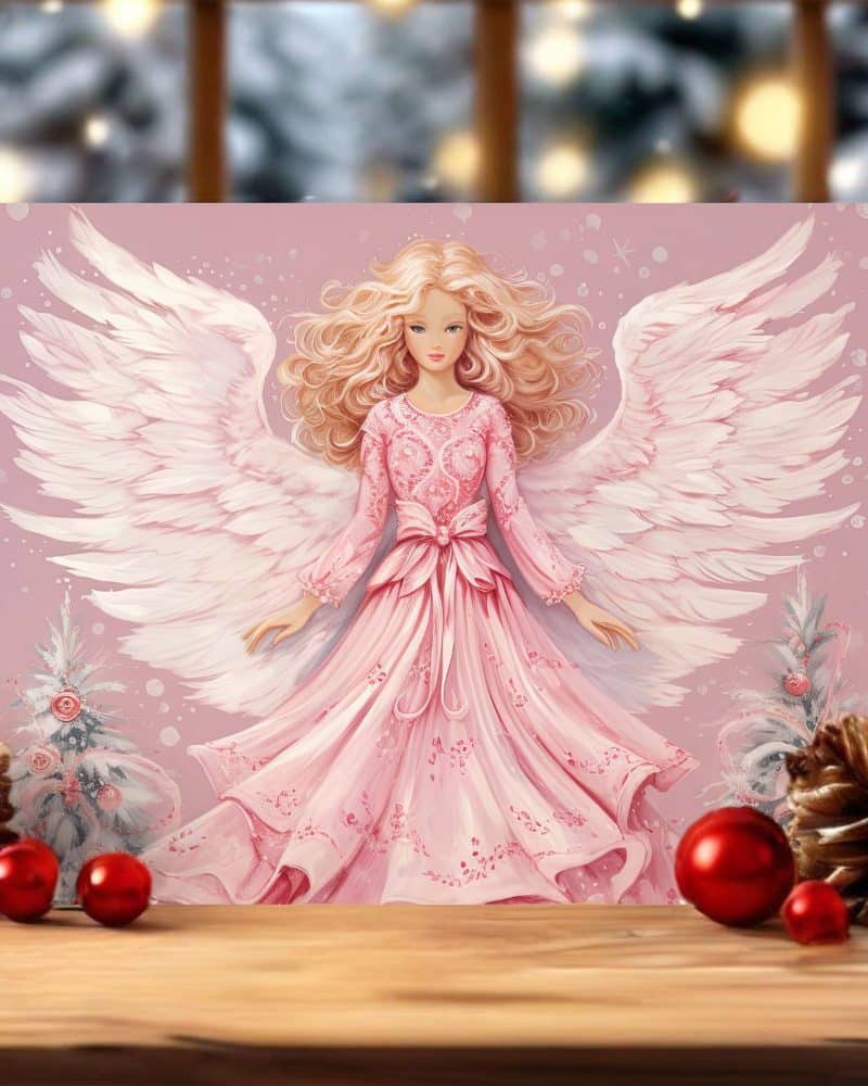 Pink angel with large white wings wearing a pink dress.