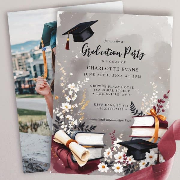 Graduation Party Invitation For Charlotte Evans, Featuring A Graduation Cap, Books, And Flowers.