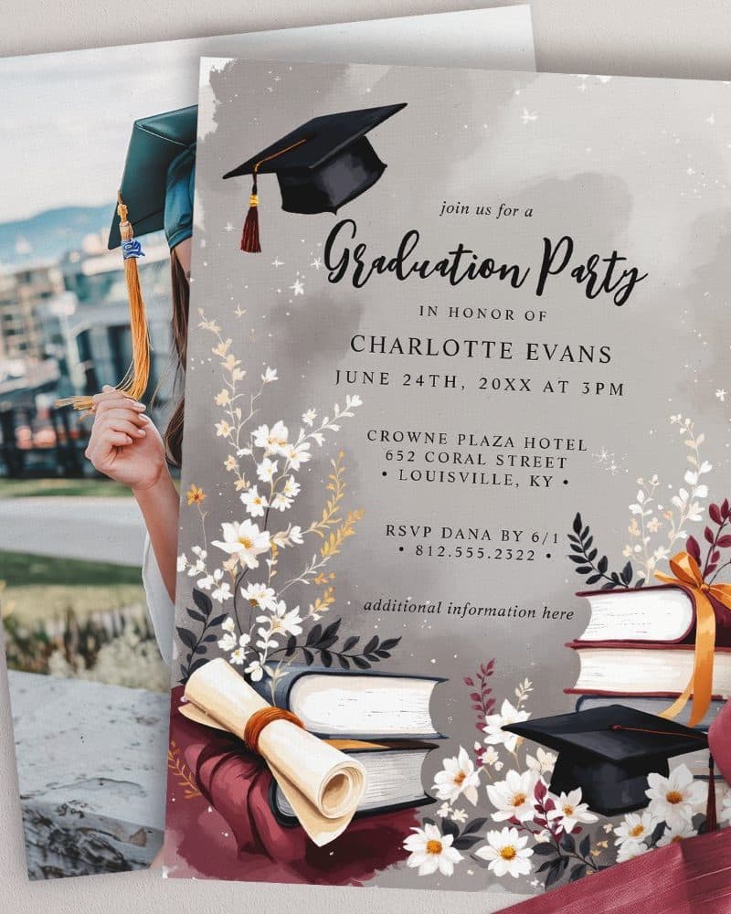 Graduation party invitation for Charlotte Evans, featuring a graduation cap, books, and flowers.
