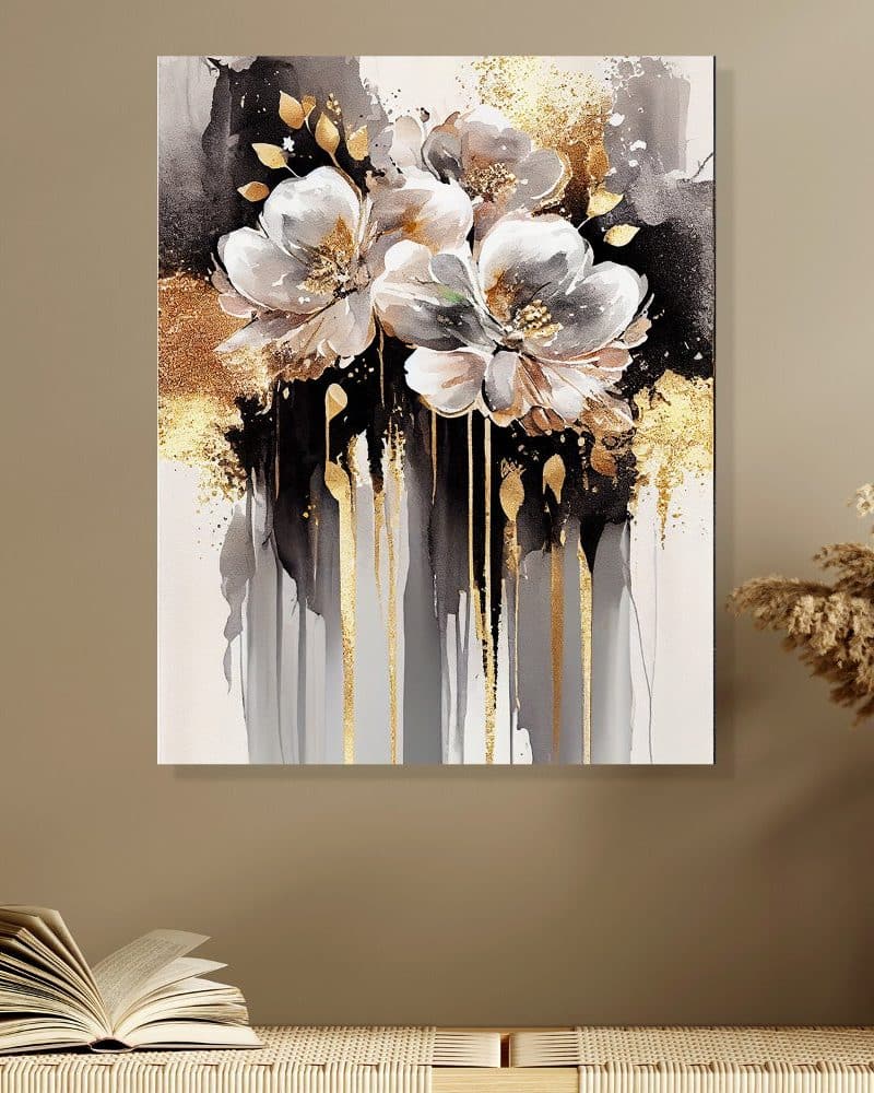 Abstract painting of white and gold flowers with black and gray accents.