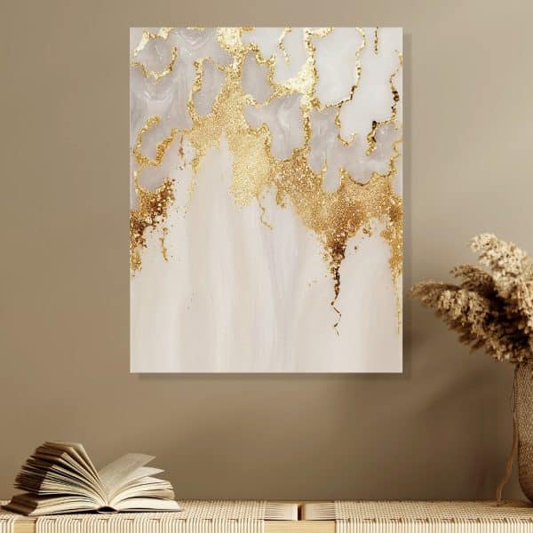 Abstract Art Print Featuring Gold Glitter Accents On A White And Beige Marble Background.