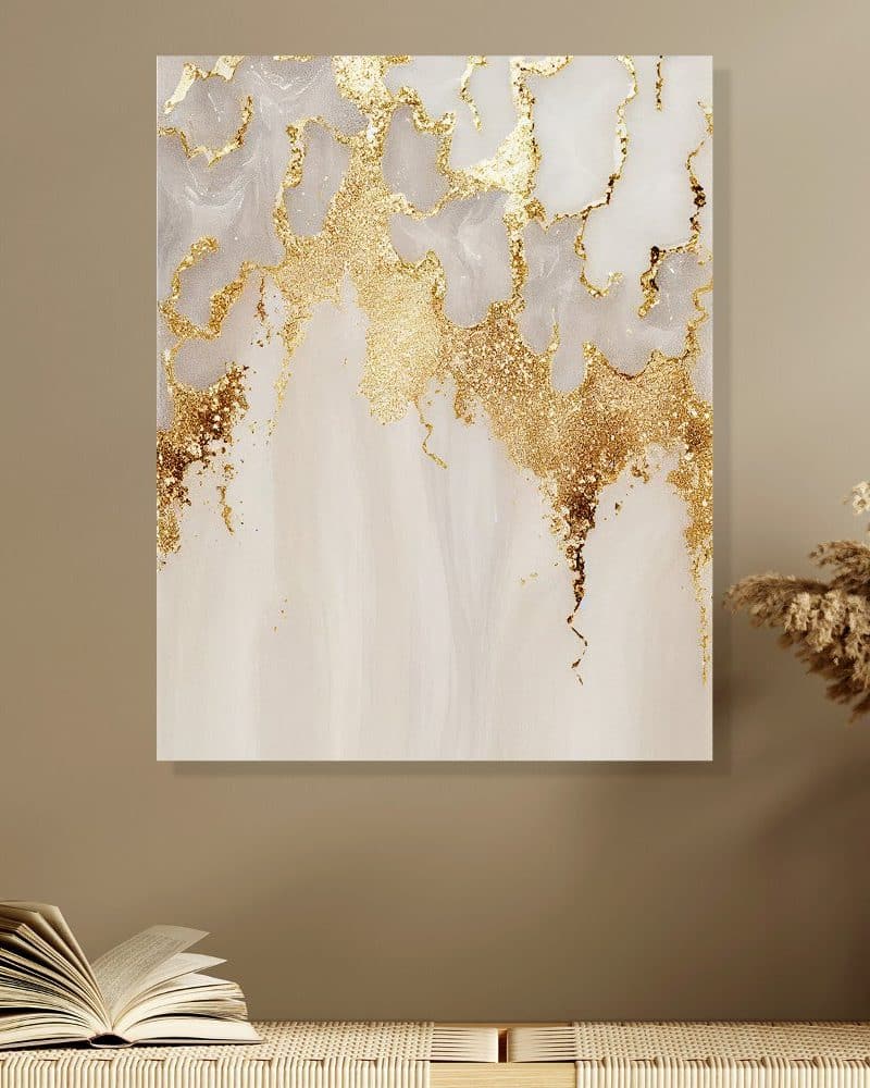 Abstract art print featuring gold glitter accents on a white and beige marble background.