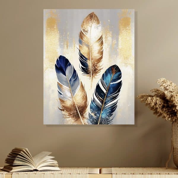 Abstract Painting Of Three Stylized Feathers In Gold And Blue.