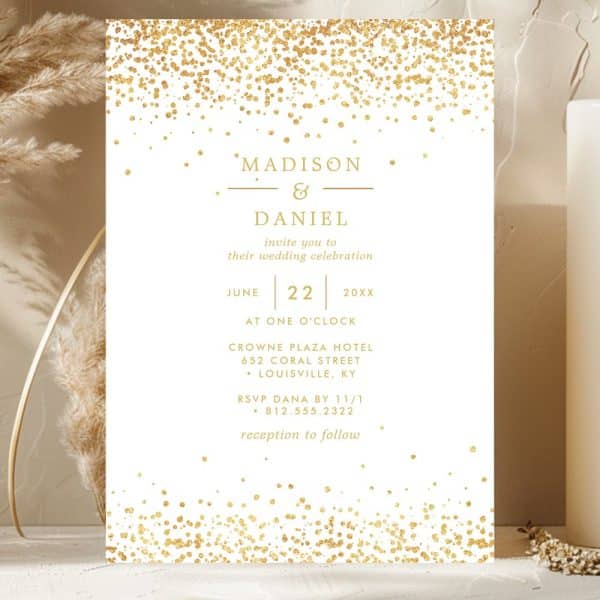 Wedding Invitation For Madison And Daniel, Featuring Gold Confetti.