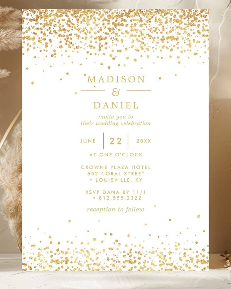Wedding invitation for Madison and Daniel, featuring gold confetti.