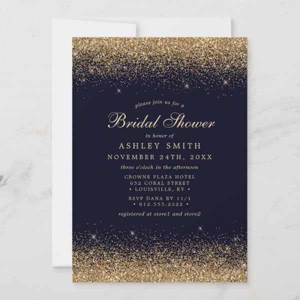 Navy Blue Bridal Shower Invitation With Gold Glitter Accents, Announcing Ashley Smith'S Shower.