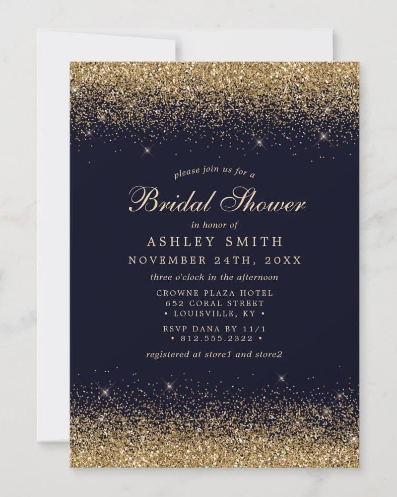 Navy blue bridal shower invitation with gold glitter accents, announcing Ashley Smith's shower.
