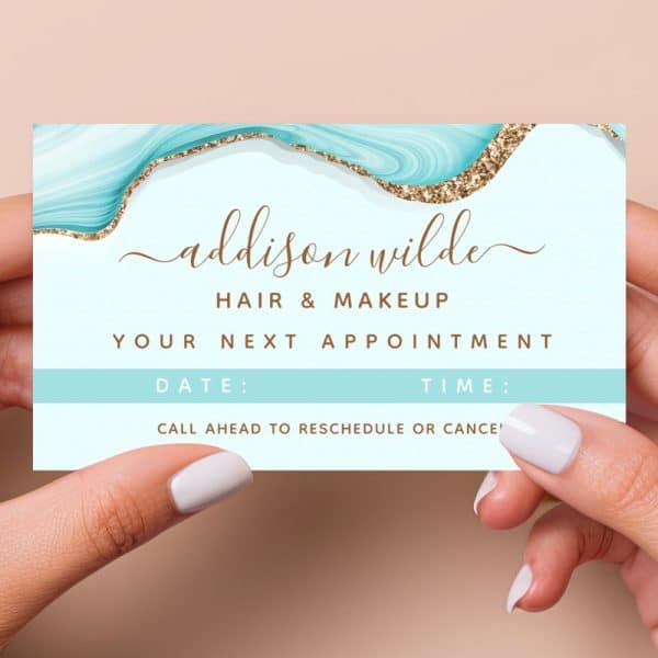 A Teal And Gold Appointment Reminder Card For Addison Wilde Hair &Amp; Makeup.