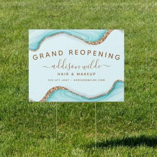 Grand Reopening Sign For Addison Wilde Hair &Amp; Makeup, Featuring A Teal And Gold Design.