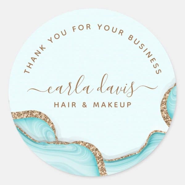 Round Thank You Sticker With Light Blue Agate Design And Gold Glitter Accents. Carla Davis Hair &Amp; Makeup Is Written In Elegant Script.