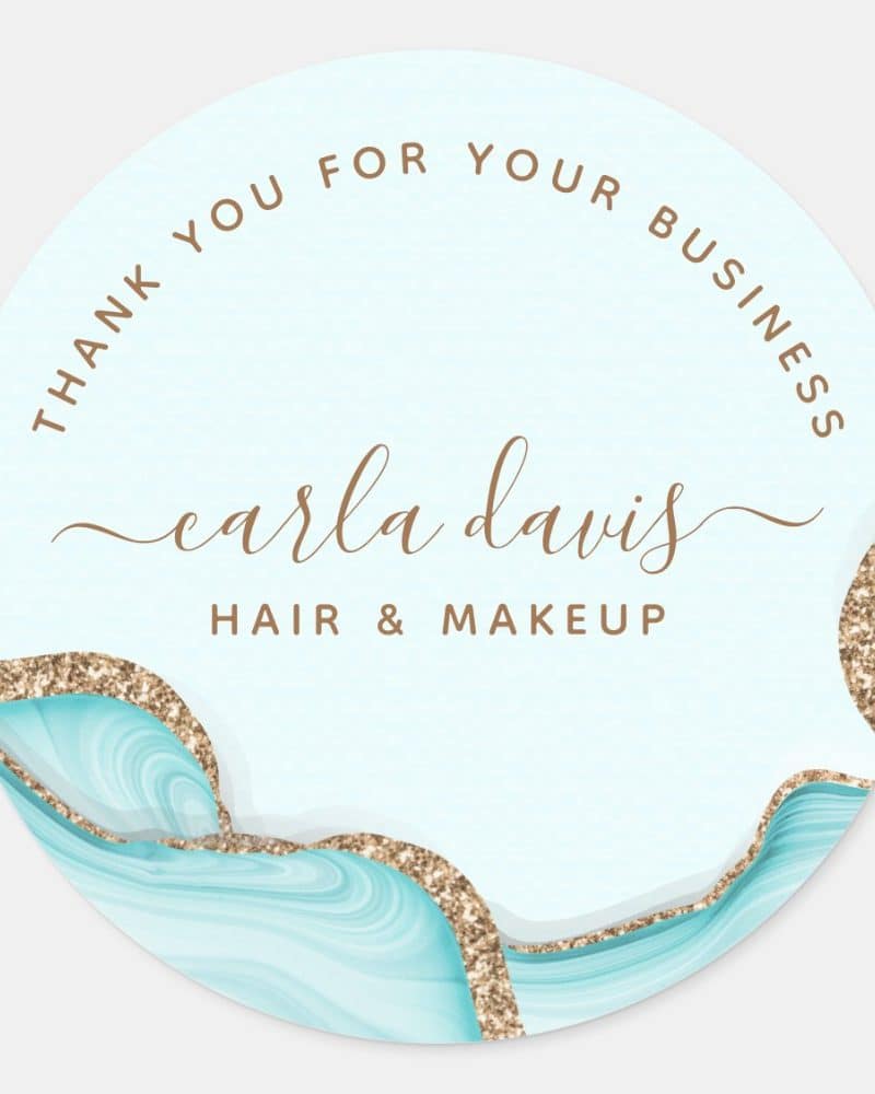 Round thank you sticker with light blue agate design and gold glitter accents. Carla Davis Hair & Makeup is written in elegant script.