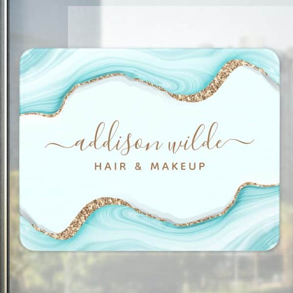 Addison Wilde Hair &Amp; Makeup Business Sign With Light Teal Agate Design And Gold Glitter Accents.