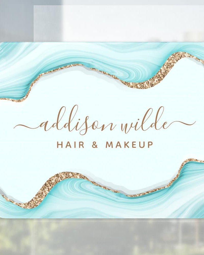 Addison Wilde Hair & Makeup business sign with light teal agate design and gold glitter accents.