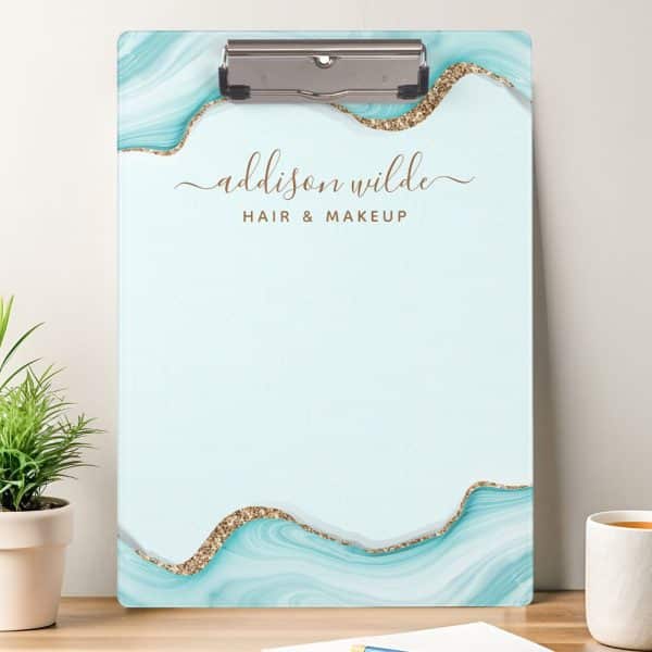 Light Blue Clipboard With Gold Glitter Accents And Addison Wilde Hair &Amp; Makeup Text.