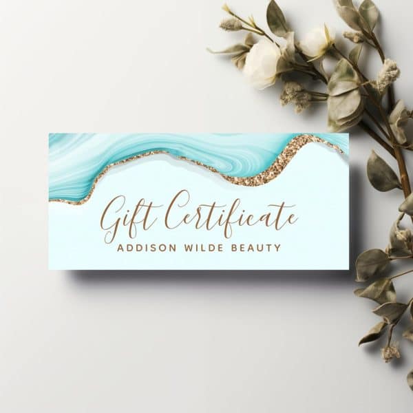 Light Blue And Gold Gift Certificate For Addison Wilde Beauty.