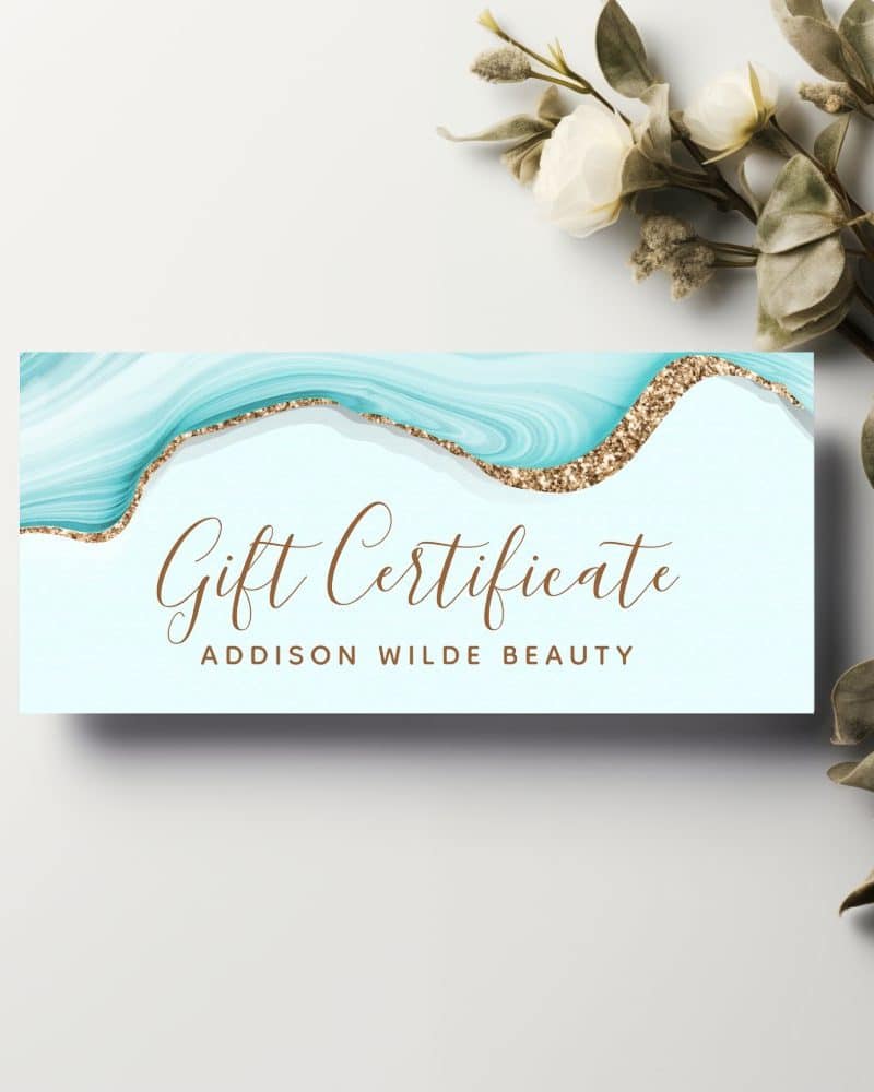 Light blue and gold gift certificate for Addison Wilde Beauty.