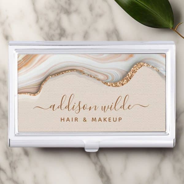 White Business Card Holder With A Beige And Gold Agate Design And Addison Wilde Hair &Amp; Makeup Text.