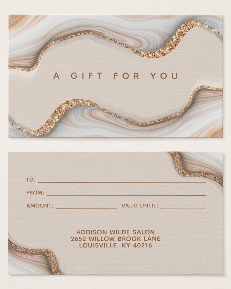 Gift certificate with marble and gold design for Addison Wilde Salon in Louisville, KY.