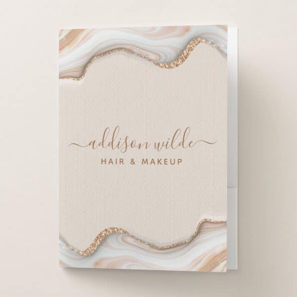 Addison Wilde Hair And Makeup Business Card With A Beige Background And Light Agate Design Border.