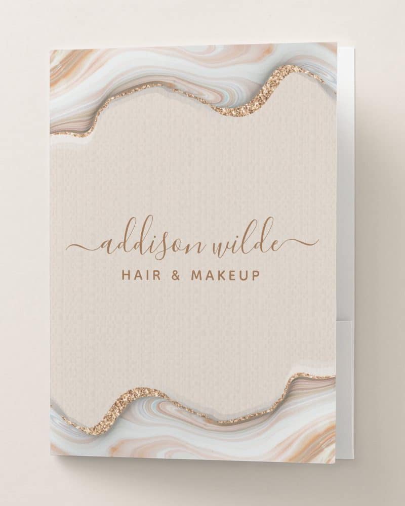 Addison Wilde hair and makeup business card with a beige background and light agate design border.