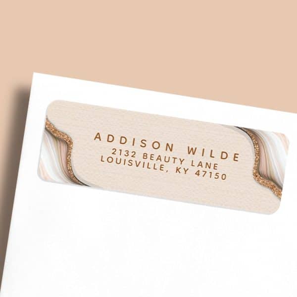 Beige Return Address Label With A Tan, Gold, And White Agate Design, Showing The Name And Address Addison Wilde, 2132 Beauty Lane, Louisville, Ky 47150.