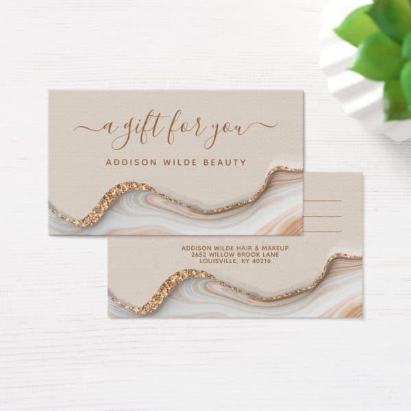 Gift Certificate For Addison Wilde Beauty, Featuring A Beige Background With Gold Glitter And Agate Design.