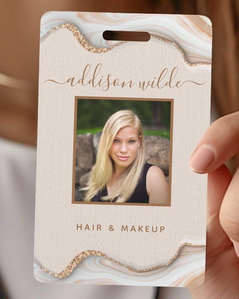 A beige and agate-styled name tag with Addison Wilde's photo and Hair & Makeup text.