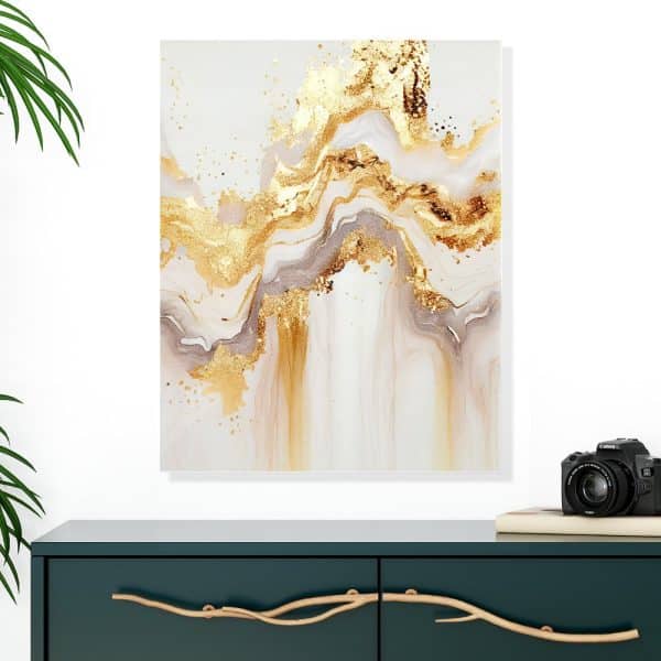 Abstract Painting Of Gold And Beige Flowing Patterns.
