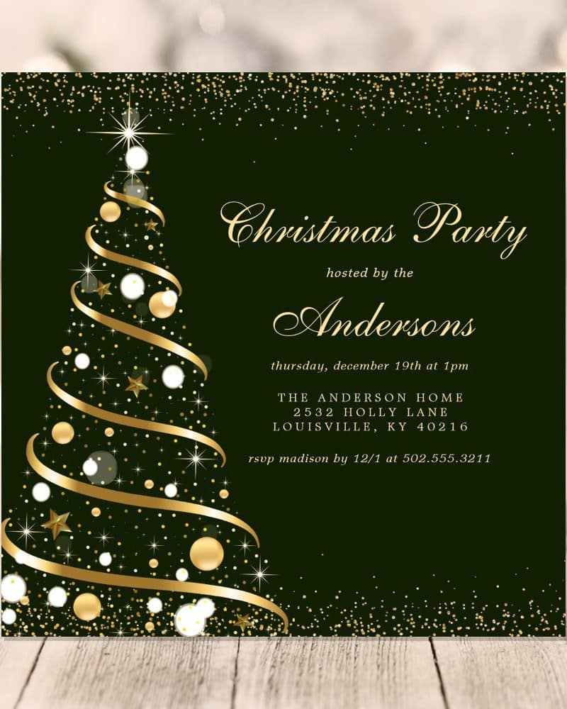 Christmas party invitation featuring a gold and white stylized Christmas tree on a dark green background.
