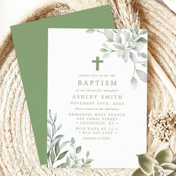 Baptism Invitation For Ashley Smith, Featuring A Green Cross And Watercolor Greenery.