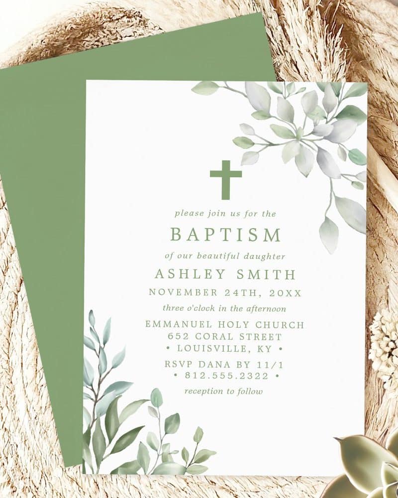 Baptism invitation for Ashley Smith, featuring a green cross and watercolor greenery.