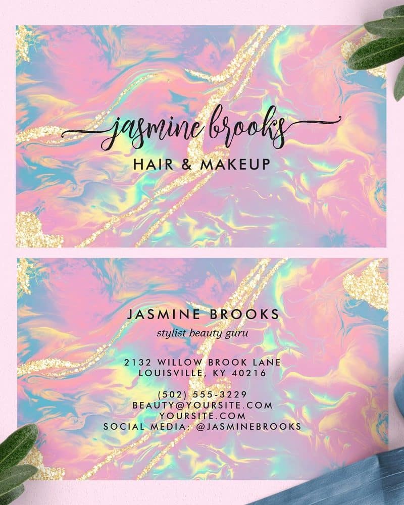 Two business cards for Jasmine Brooks, hair and makeup stylist, featuring a pastel marble design with gold accents.
