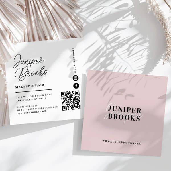 Two Business Cards For Juniper Brooks Makeup &Amp; Hair. One Card Is White With Contact Information And A Qr Code; The Other Is Pink With The Business Name And Website Address.