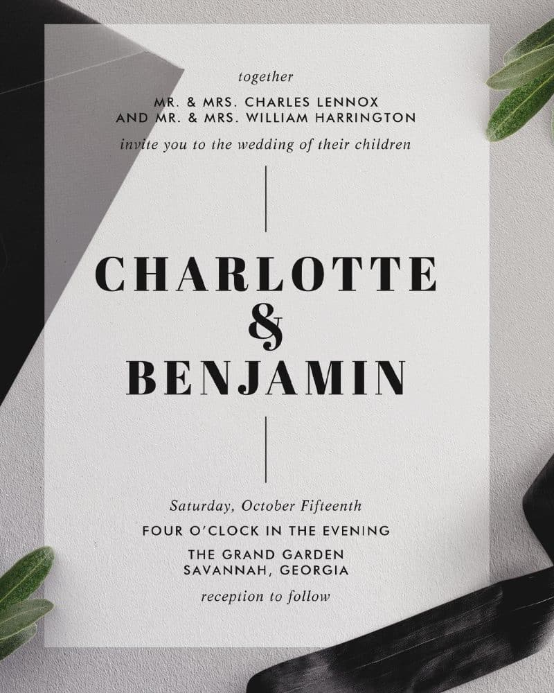 Wedding invitation for Charlotte and Benjamin, October 15th.