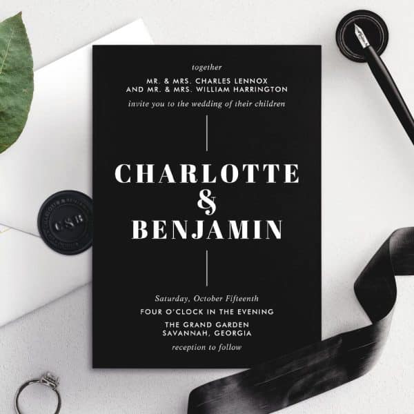 Black Wedding Invitation For Charlotte And Benjamin, With Details Of The Date, Time, And Location.